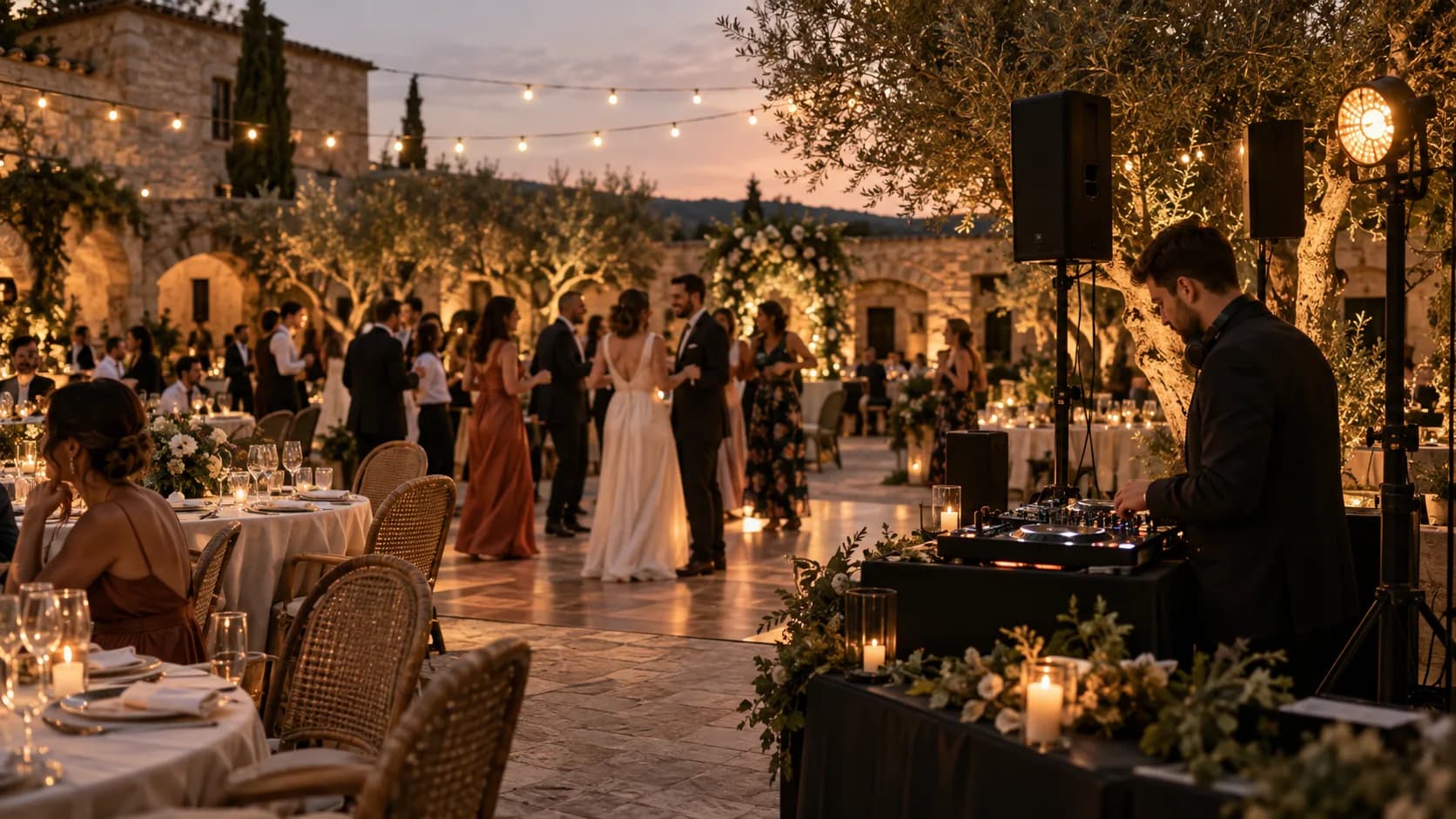Célébration de mariage dans une cour avec guirlandes et cabine de DJ