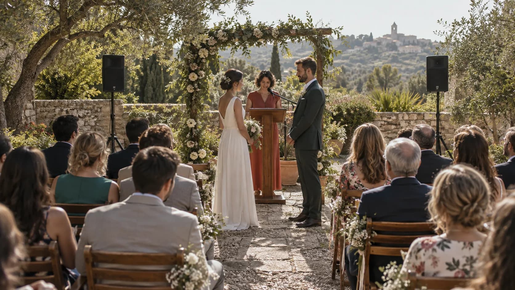 Cérémonie de mariage dans un jardin avec micro et enceintes à côté des chaises