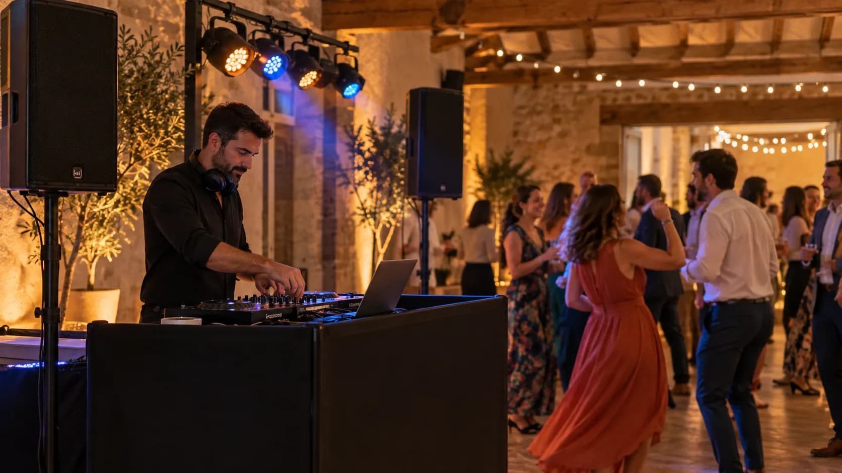 DJ en cabine avec enceintes et projecteurs, à côté d'invités qui dansent