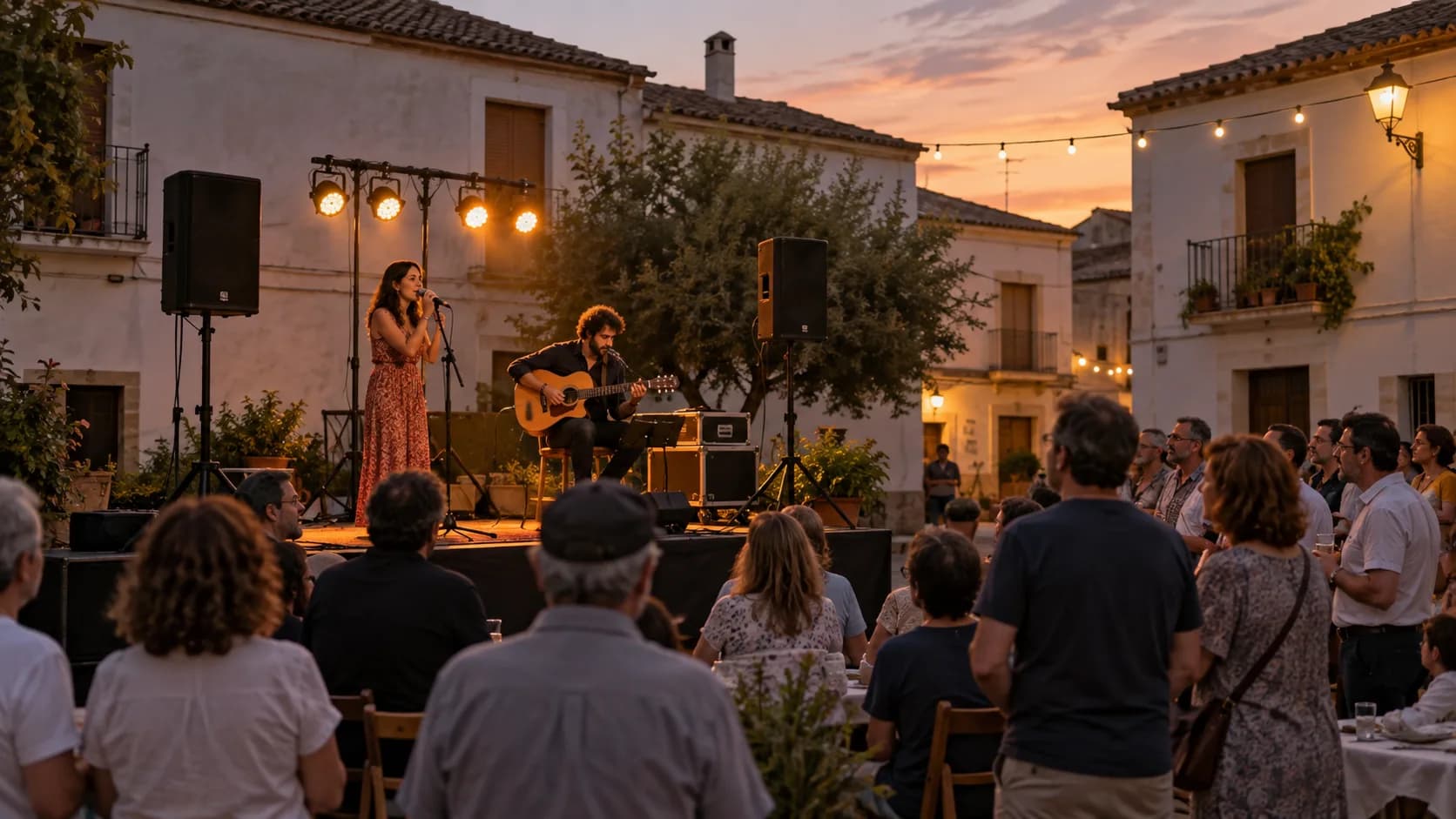 Duo musical sur une petite scène avec enceintes et projecteurs sur une place