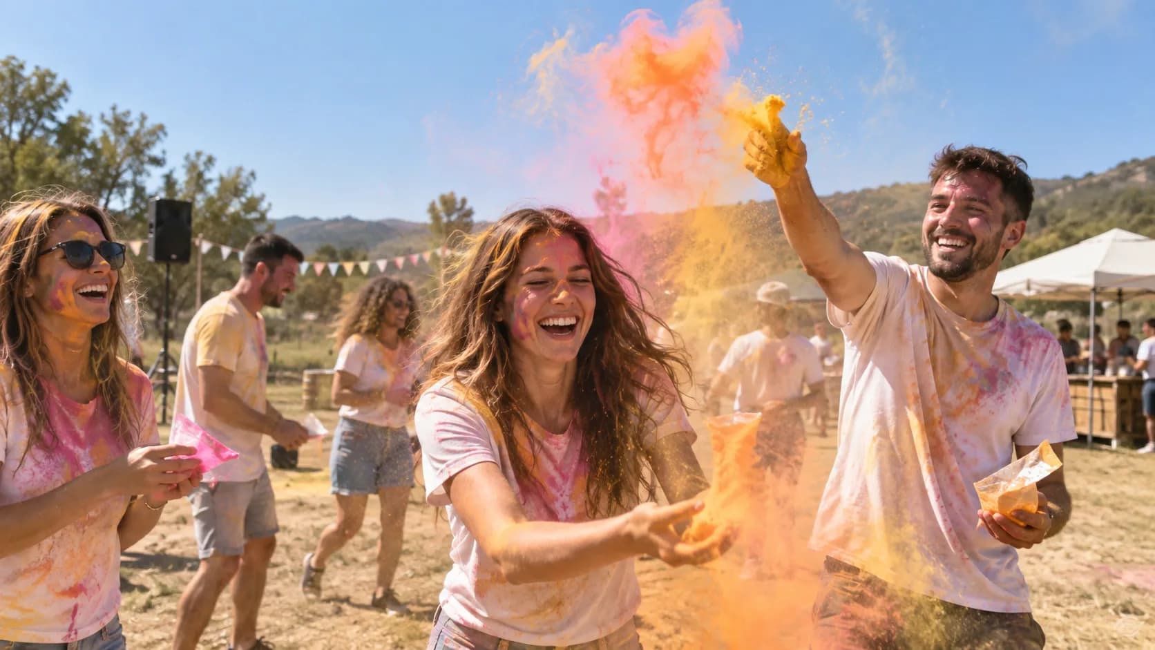 Participants llancen pols de colors en una celebració a l'aire lliure