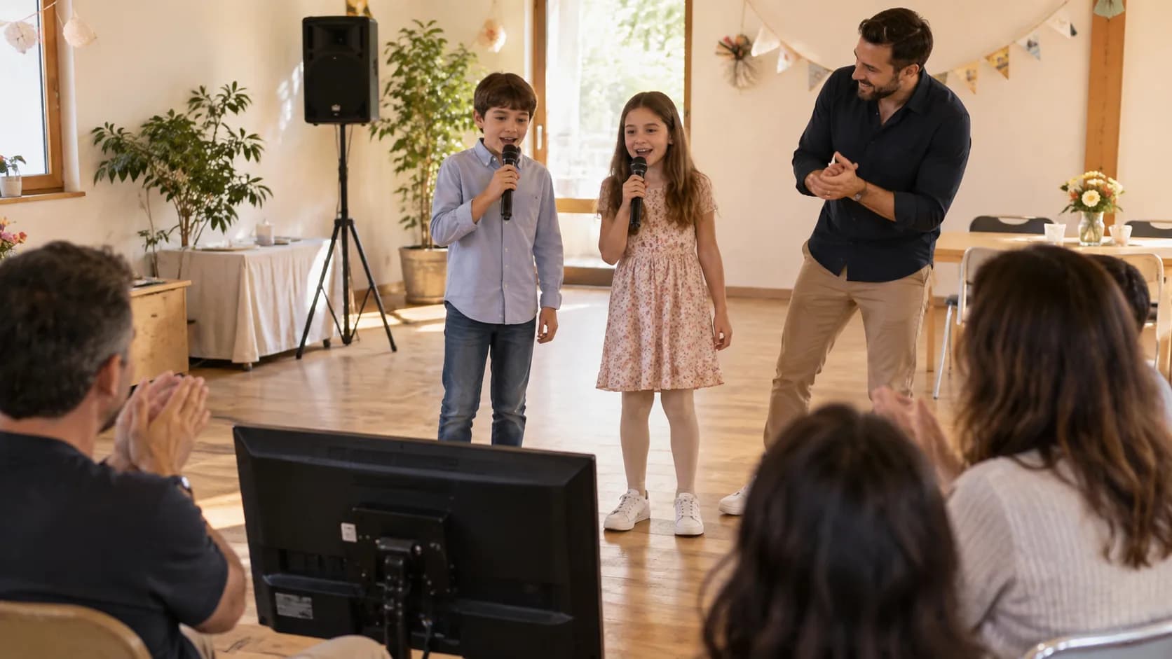 Deux enfants chantent au micro, accompagnés d'un animateur et de proches