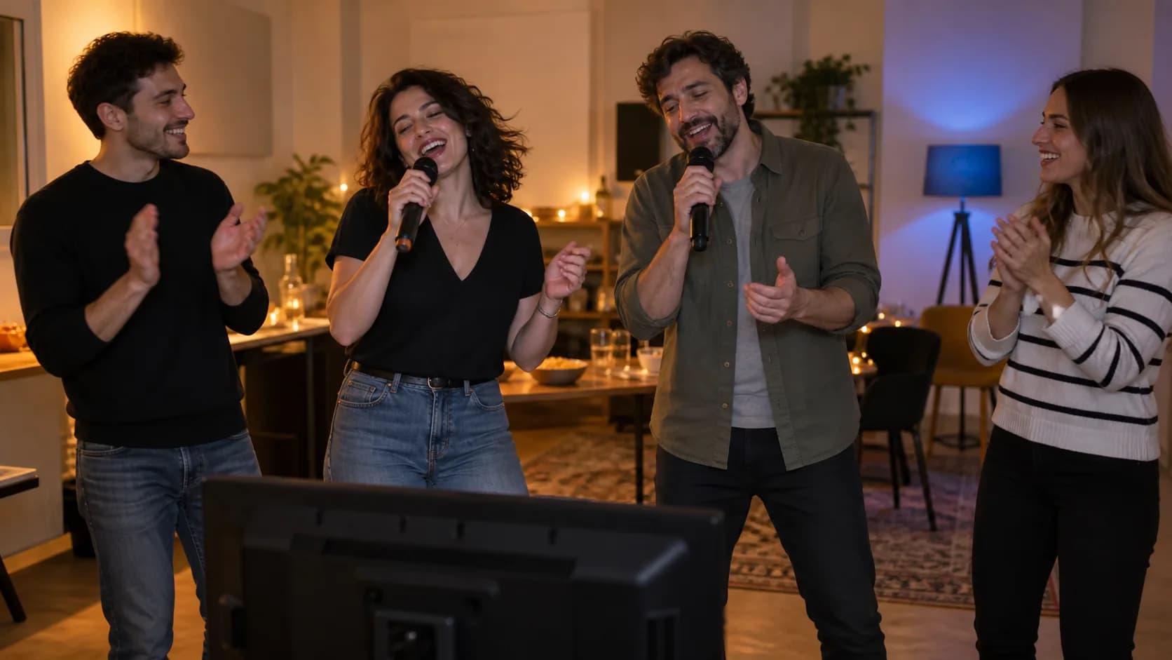 Un groupe chante et applaudit devant un écran de karaoké