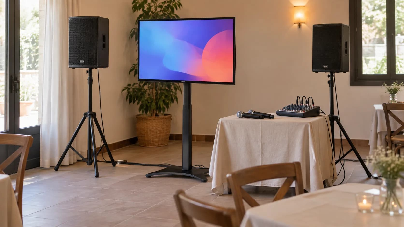 Muntatge de karaoke amb pantalla, dos micròfons i altaveus en una sala