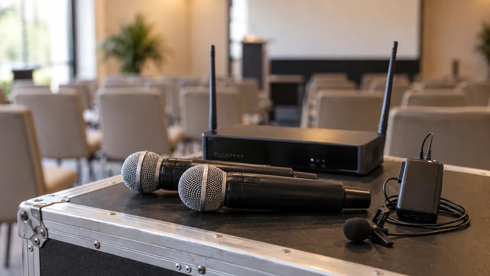 Micros main, récepteur et micro-cravate posés sur un flight case
