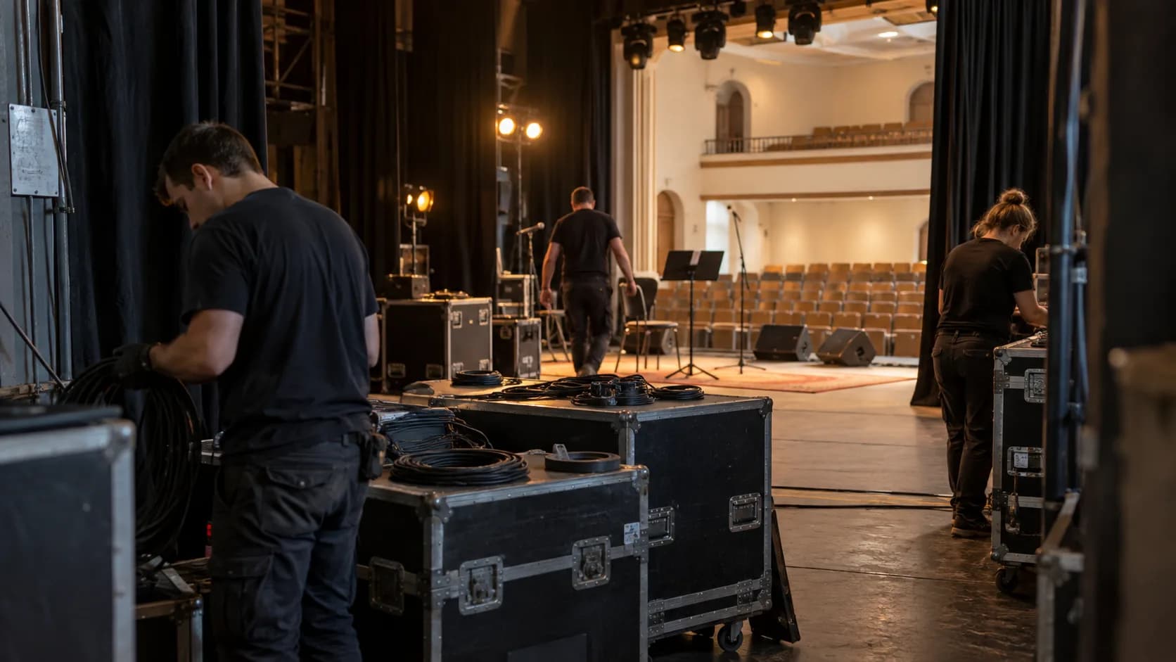Escena ilustrativa de preparación de un escenario, con cables y cajas de transporte