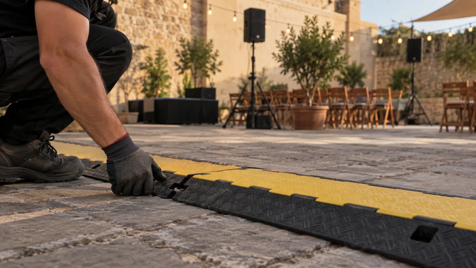Passe-câbles sur une allée d'un lieu en préparation pour un événement
