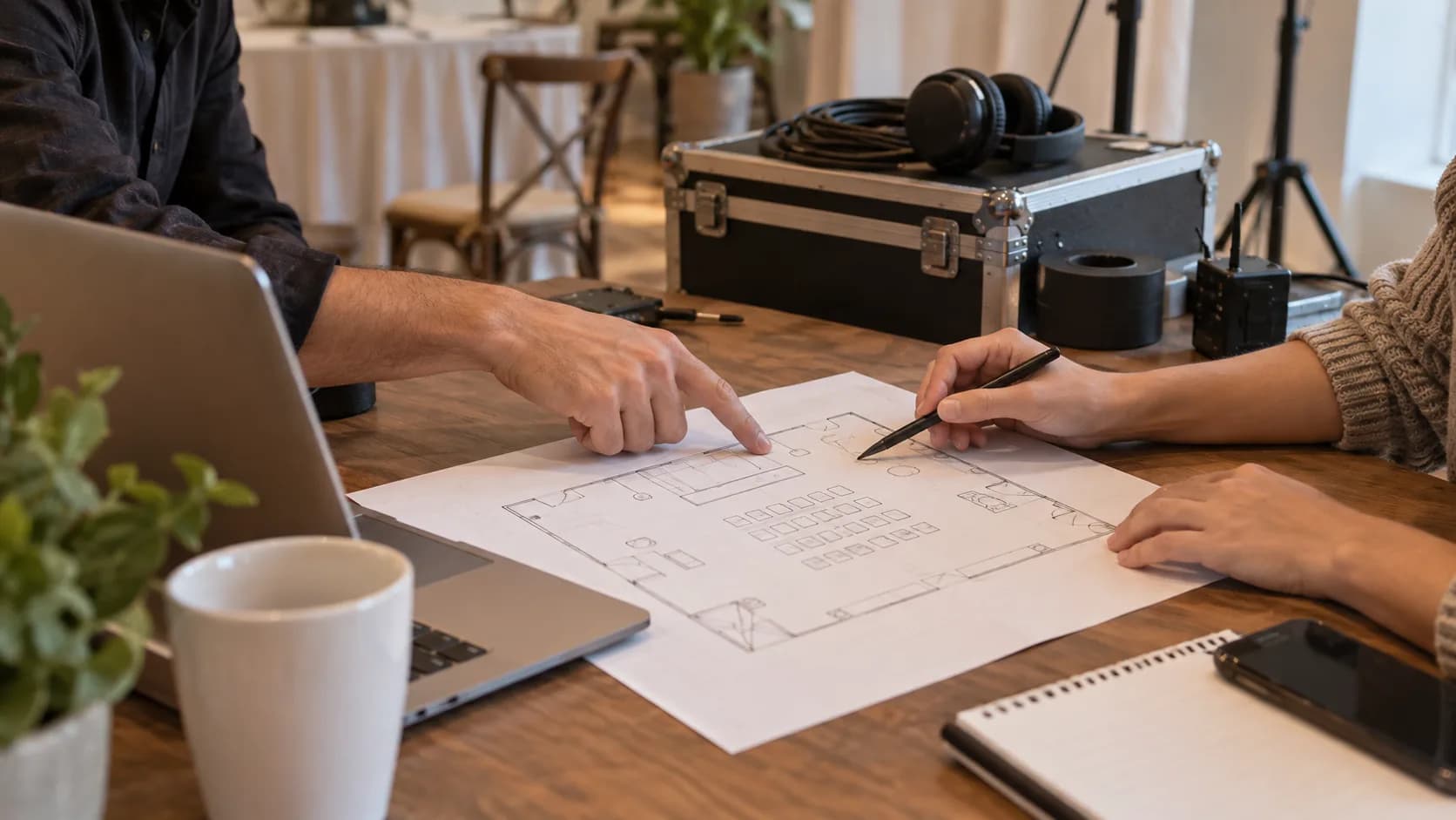 Dos personas revisan un plano de montaje junto a un portátil y material técnico