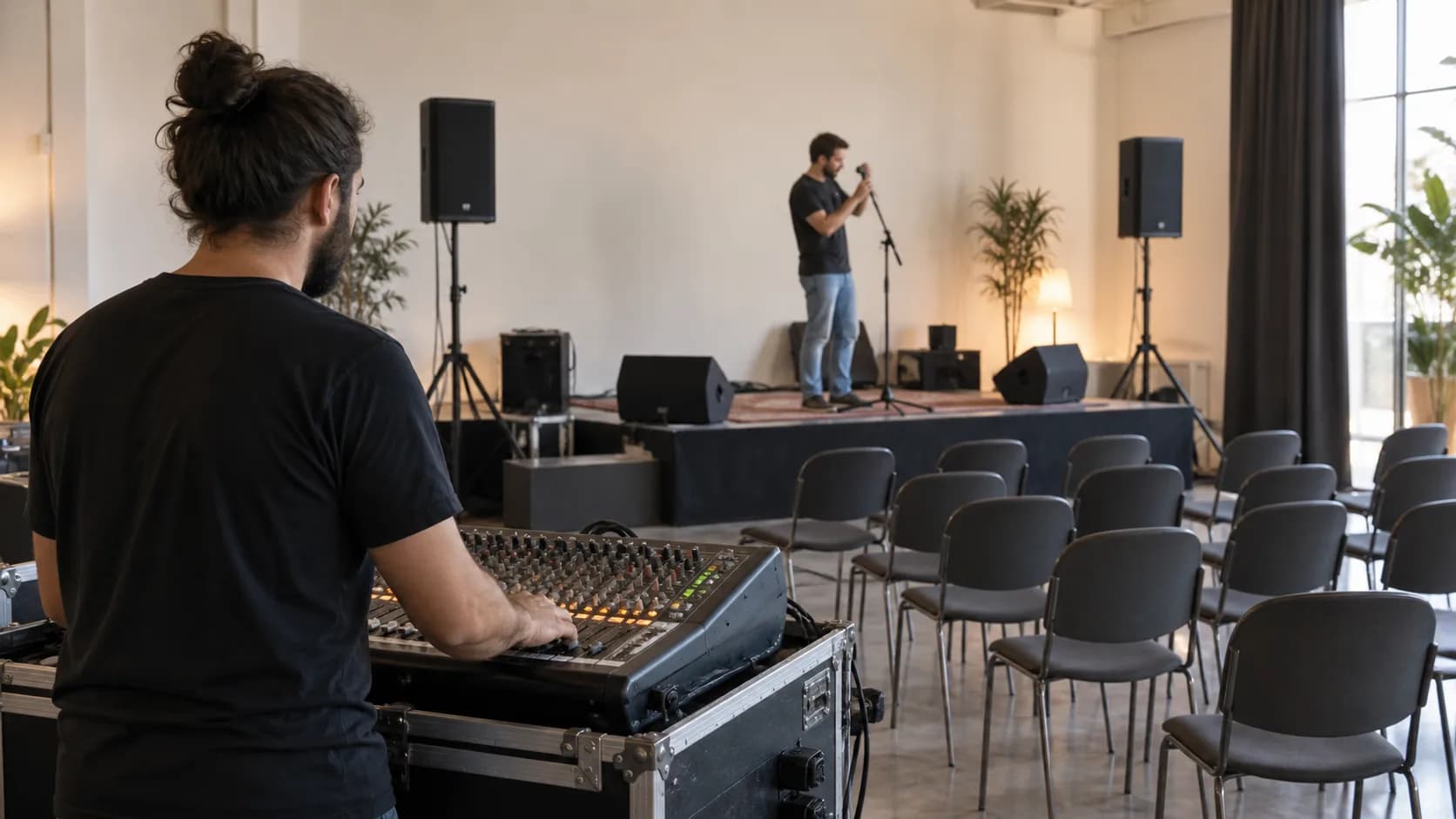 Balance son à la console avec un micro et la salle encore vide