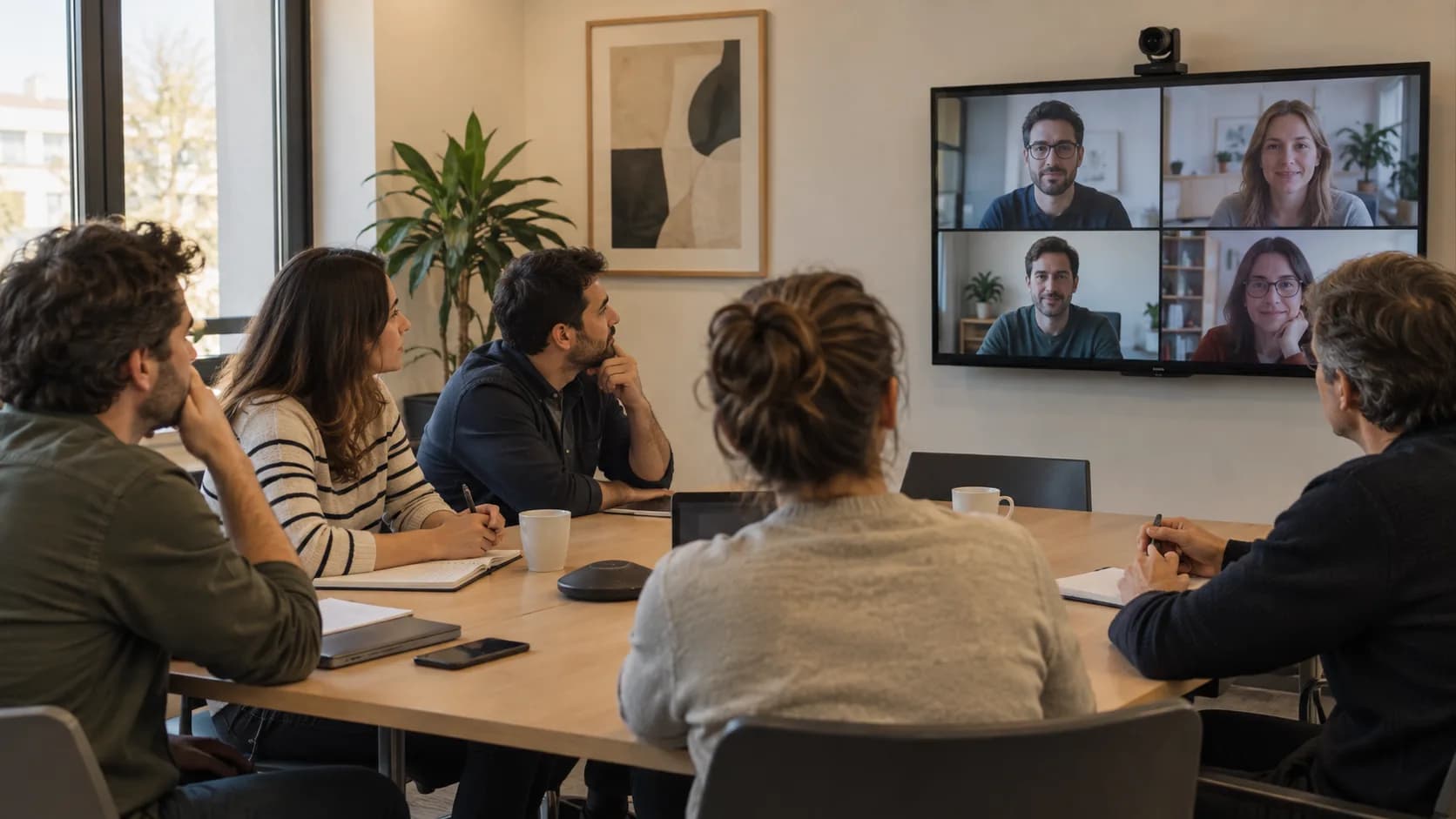 Réunion autour d'une table avec caméra, haut-parleur de conférence et participants à distance à l'écran