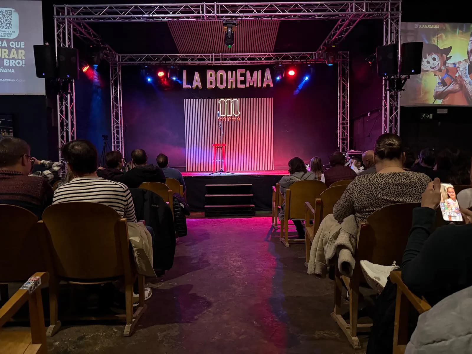 La Bohemia stage with the truss structure and the lights on, seen from the seats