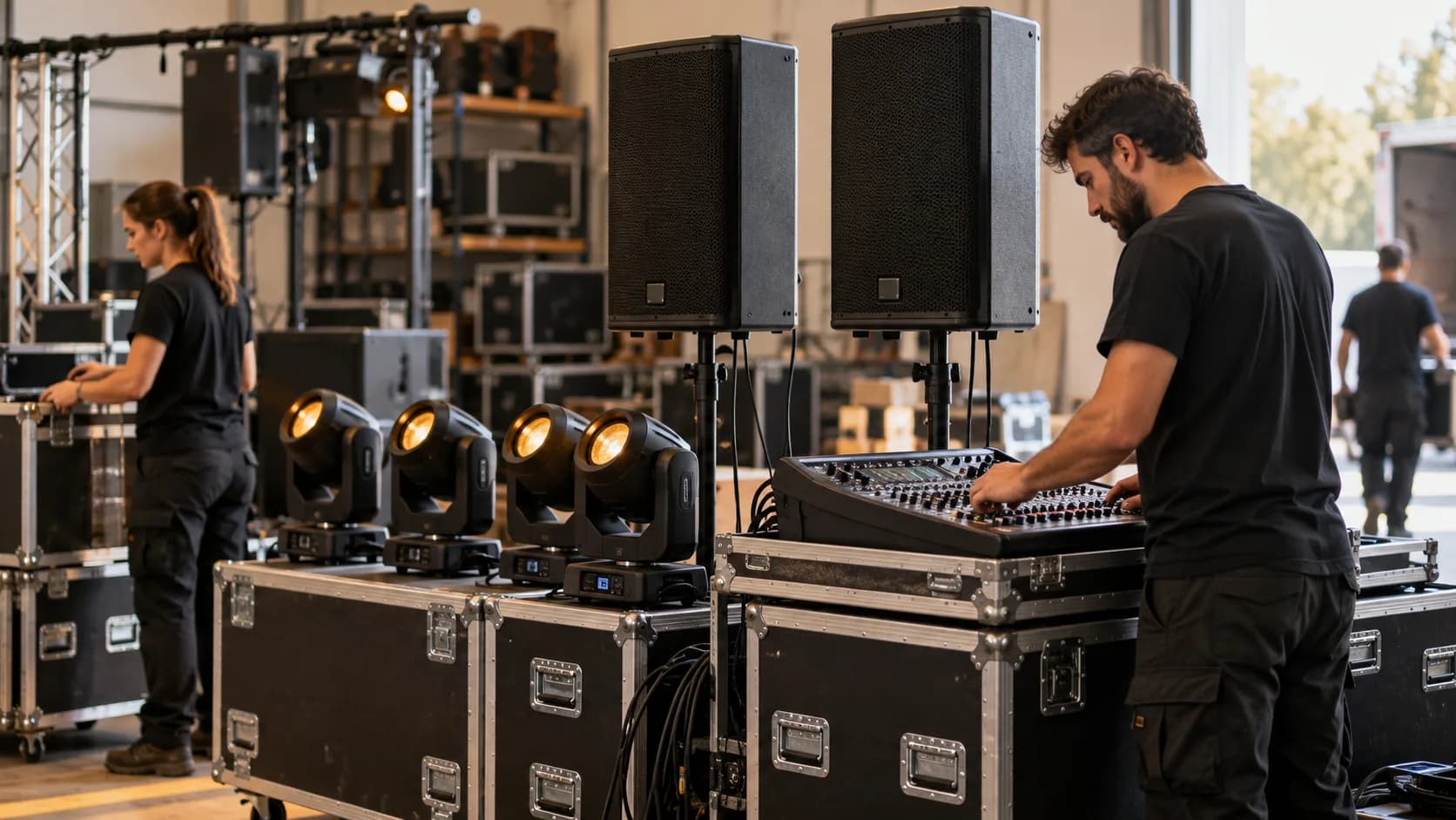 Altavoces, focos y mesa de sonido junto a cajas de transporte