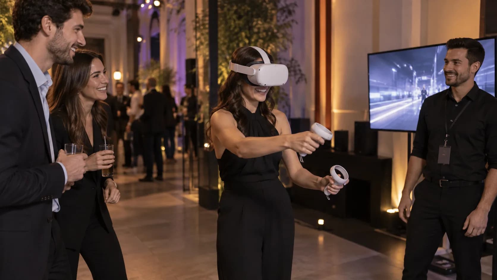 Participante con visor y mandos de realidad virtual acompañada por un asistente
