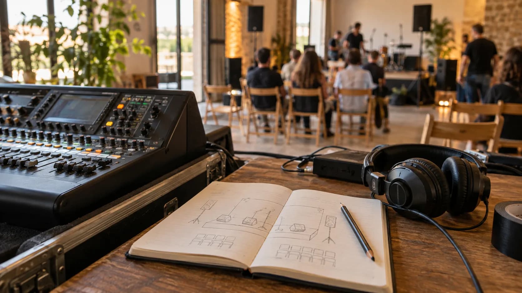 Notebook with a rigging sketch beside a mixing desk and headphones