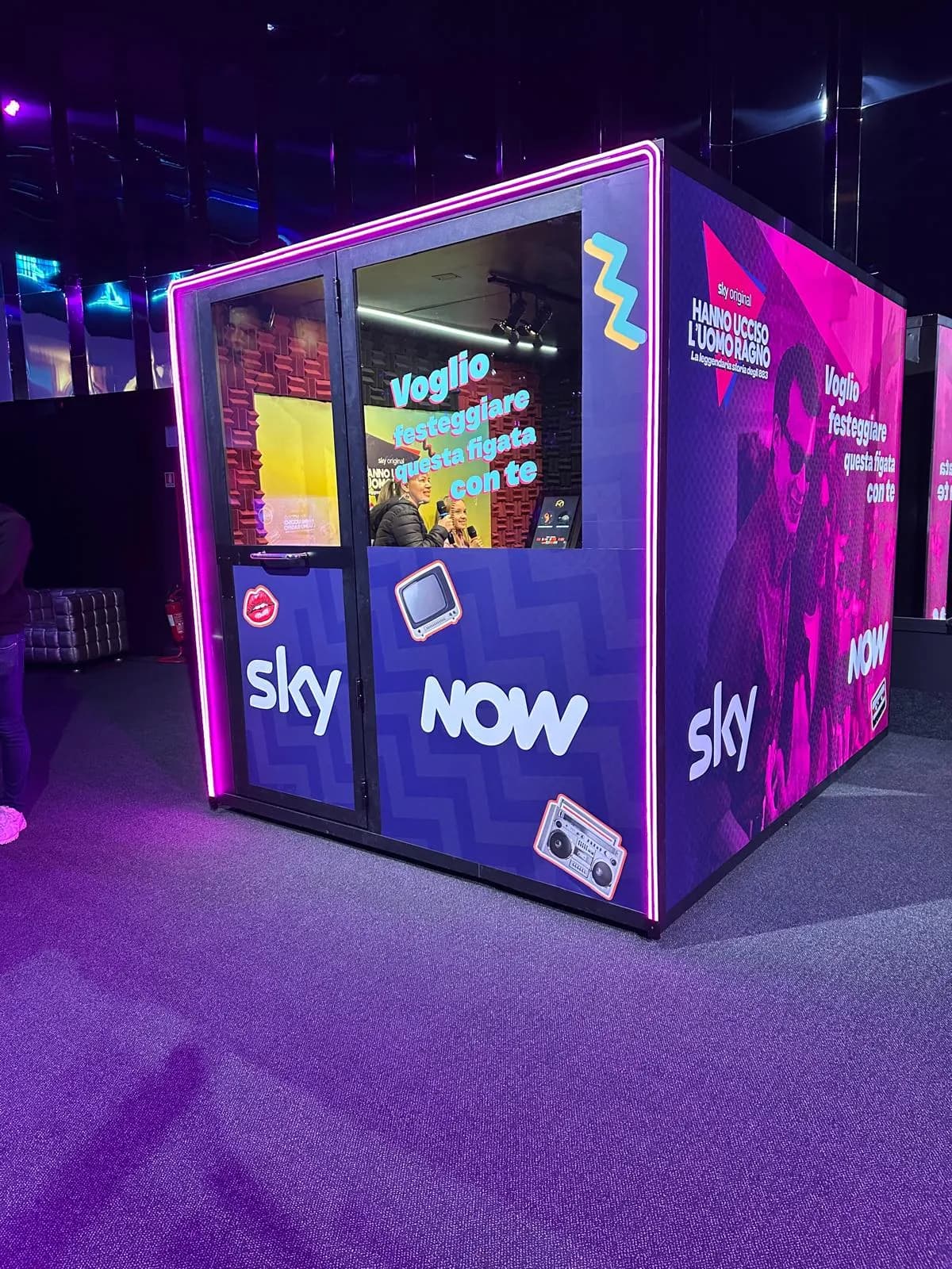 4 × 2.5 metre karaoke booth with the Sky and NOW logos, pink light strips and the series artwork on the side