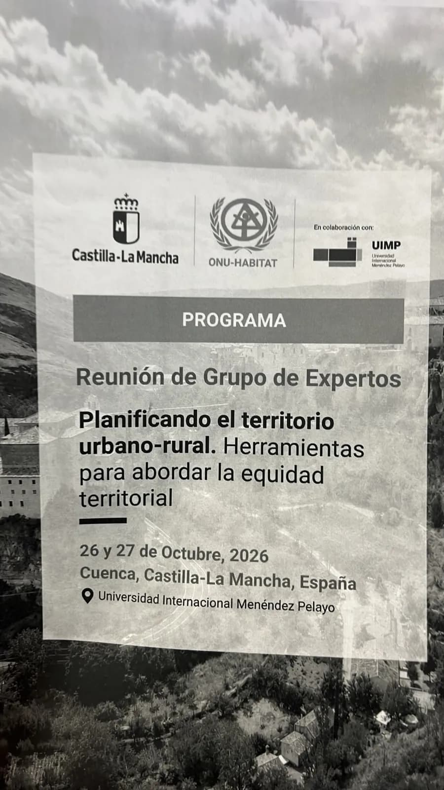 Programme of the Reunión de Grupo de Expertos «Planificando el territorio urbano-rural», 26 and 27 October 2026 at the UIMP in Cuenca